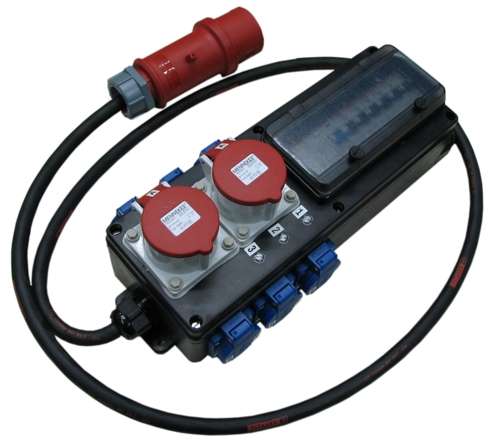 CEE 32 A auf 2 * 16 A, 6 * Schuko, RCD CEE 32 A auf 2 * 16 A, 6 * Schuko, RCD